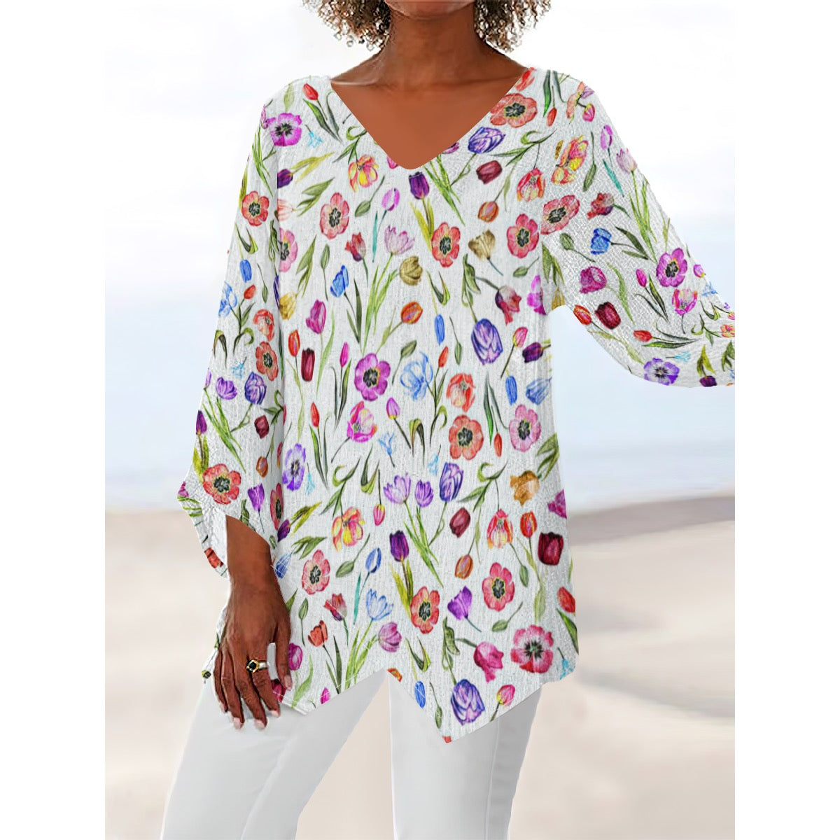 Positato Red All-Over Print Women's V-neck T-shirt