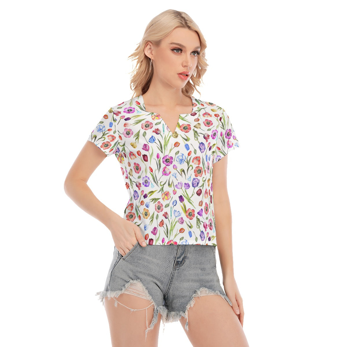 Positano Red All-Over Print Women's Stretch V-Neck Short-Sleeved Blouse