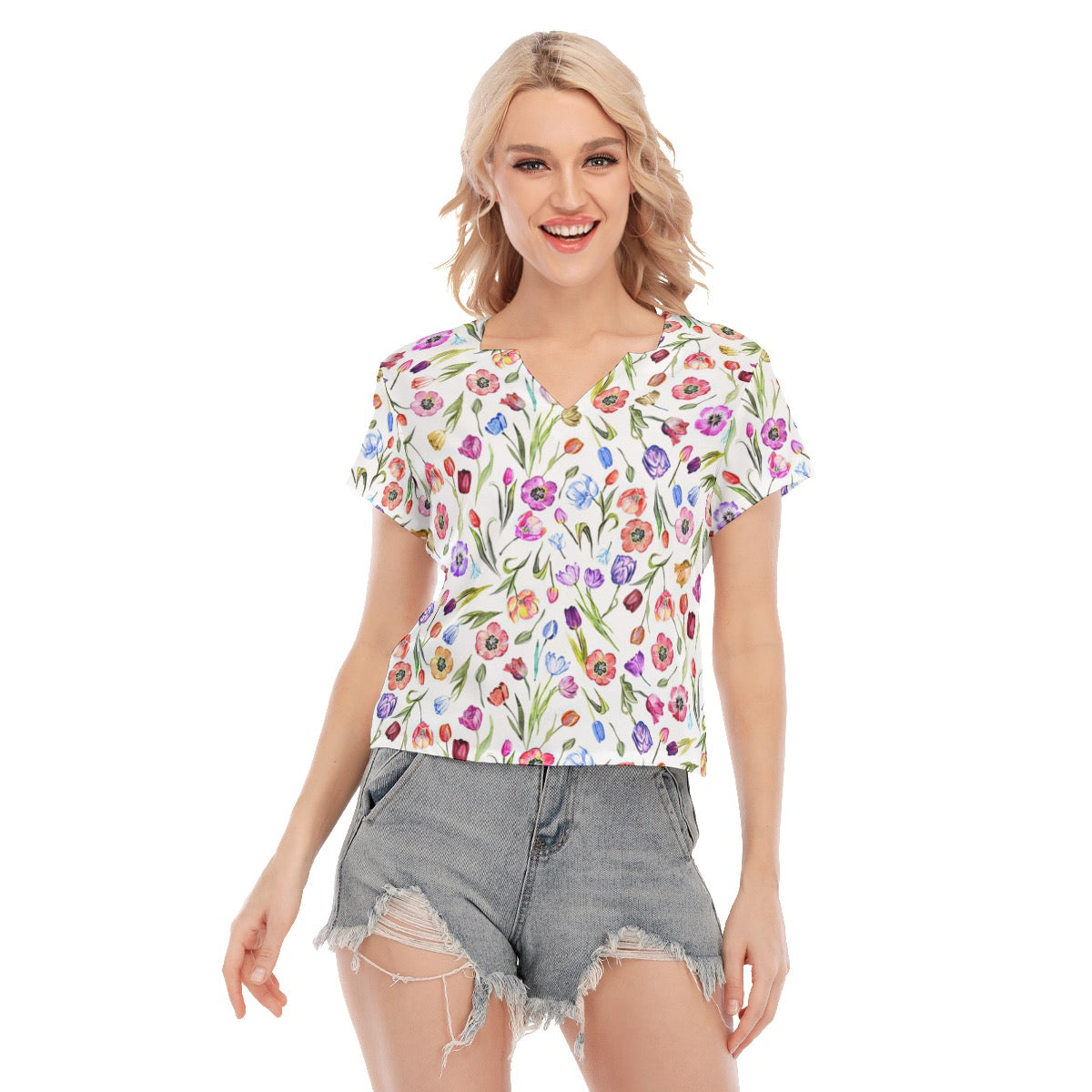 Positano Red All-Over Print Women's Stretch V-Neck Short-Sleeved Blouse
