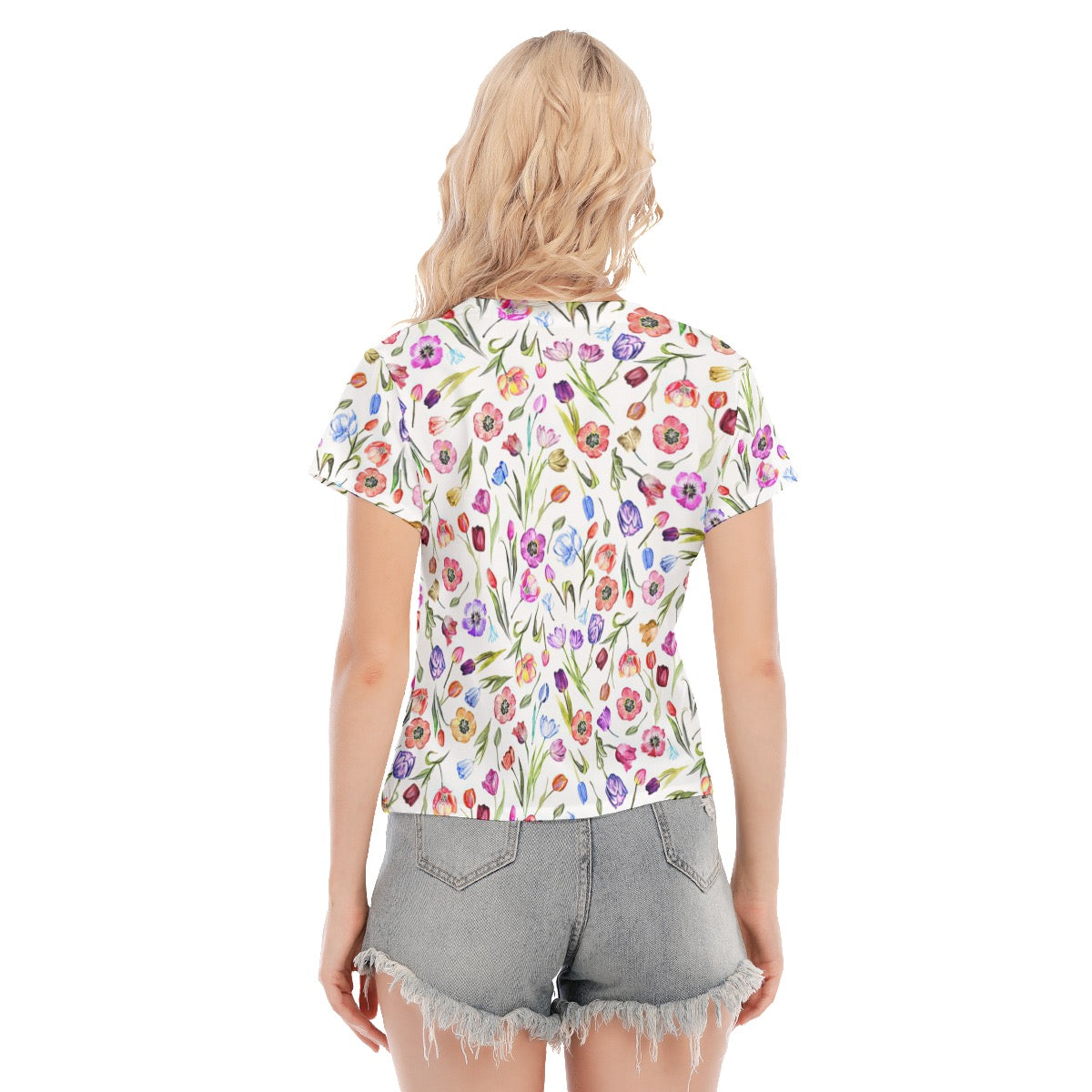 Positano Red All-Over Print Women's Stretch V-Neck Short-Sleeved Blouse