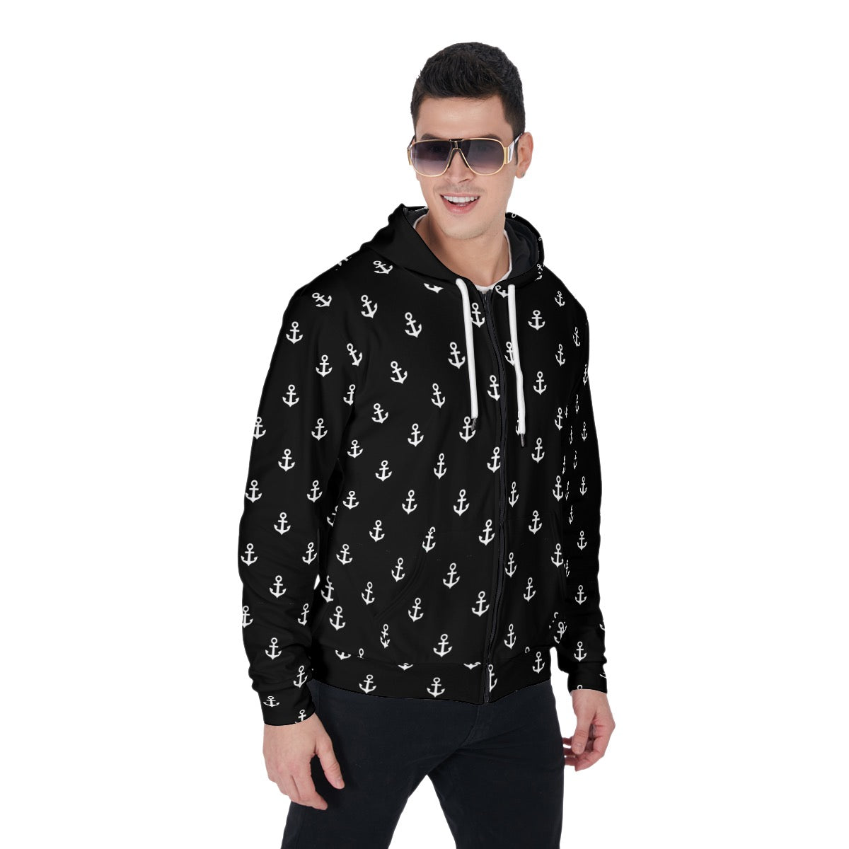 Anchors White on Black All-Over Print Zip Up Hoodie With Pocket