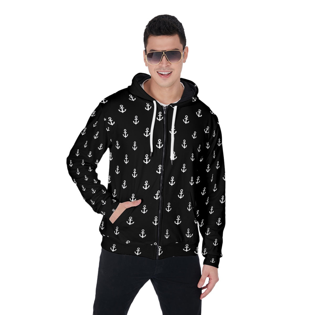 Anchors White on Black All-Over Print Zip Up Hoodie With Pocket