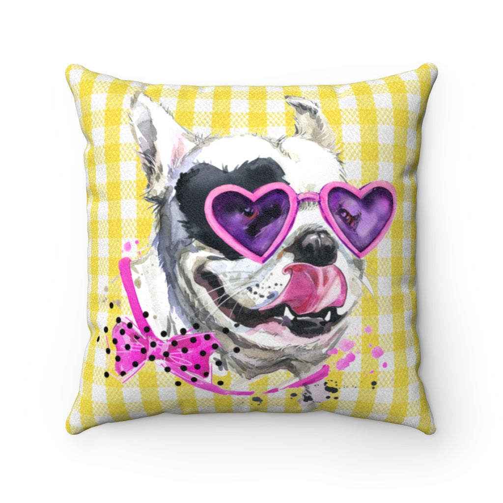 Elton Puppy Yellow Chck Faux Suede Square Pillow from Vluxe by Lucky Nahum