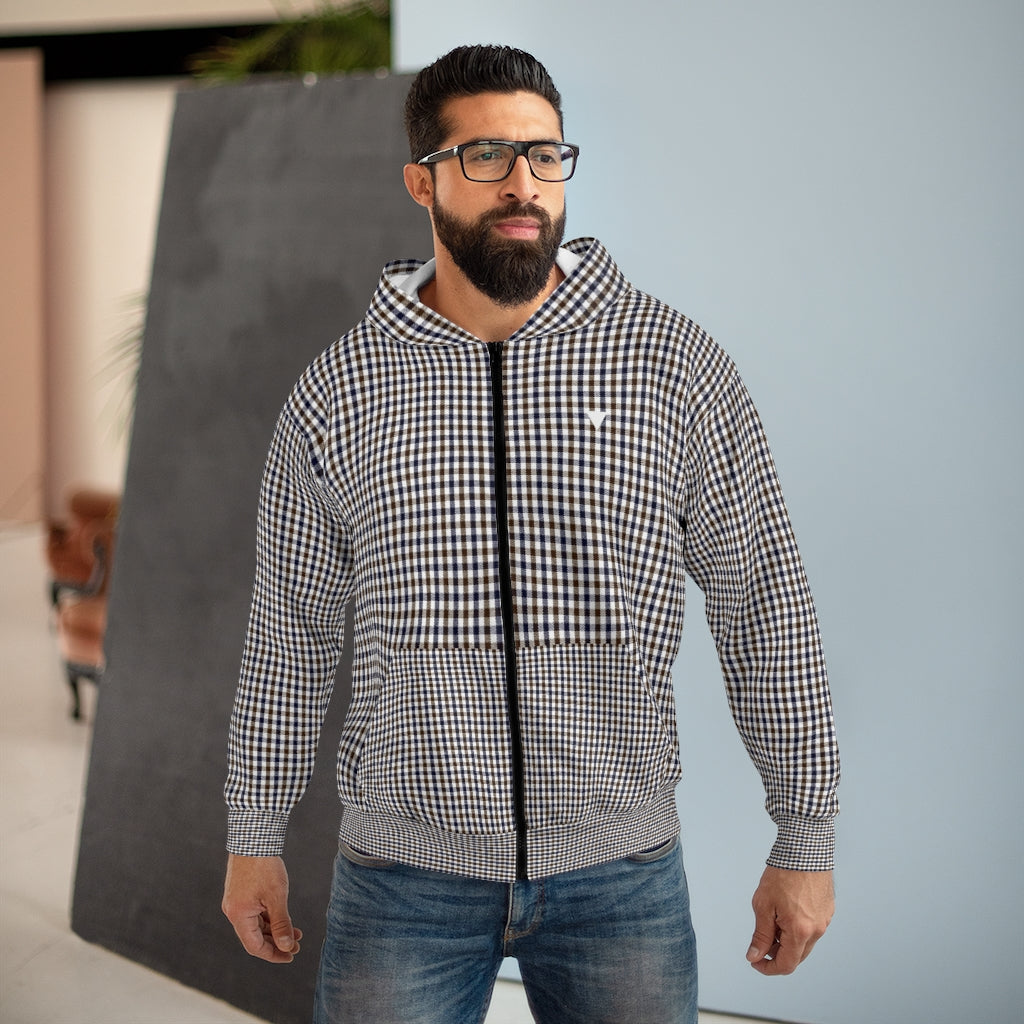 Borneo Check Navy-Brown Unisex Zipped Hoodie from Vluxe by Lucky Nahum