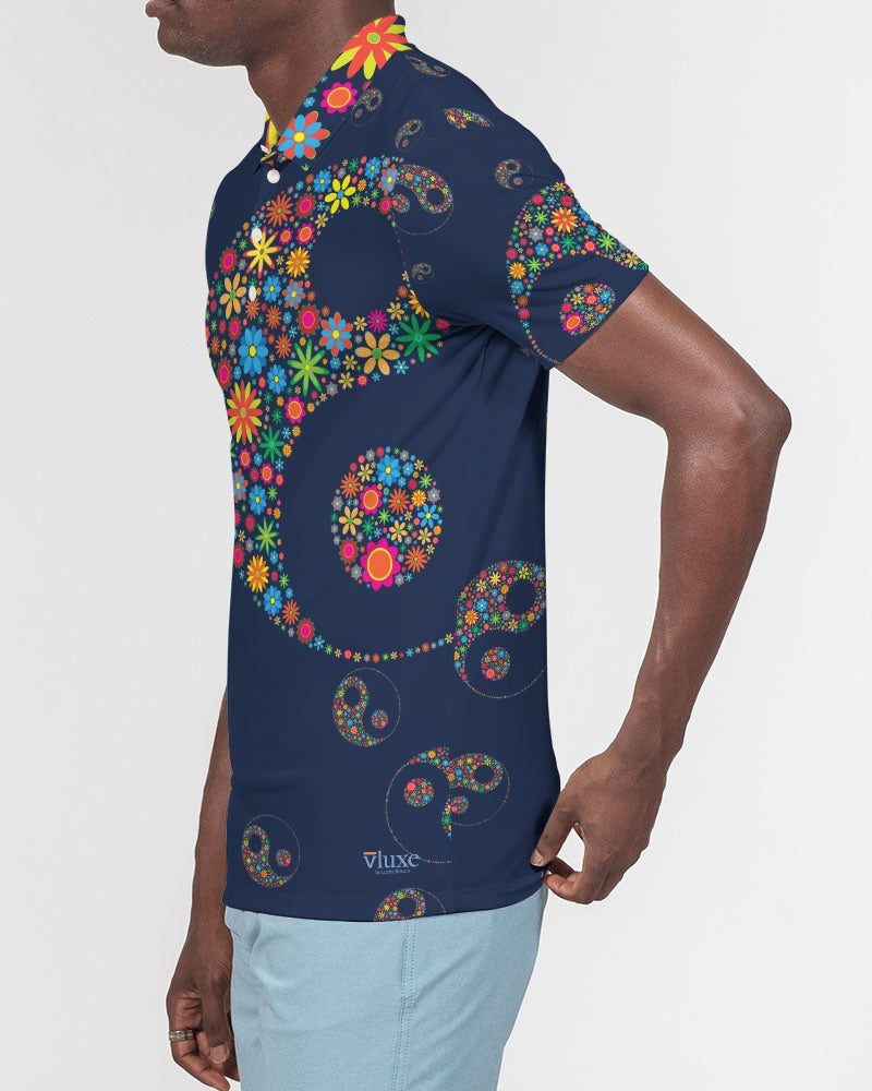 Flower Power Navy Men's Slim Fit Short Sleeve Polo from Vluxe by Lucky Nahum