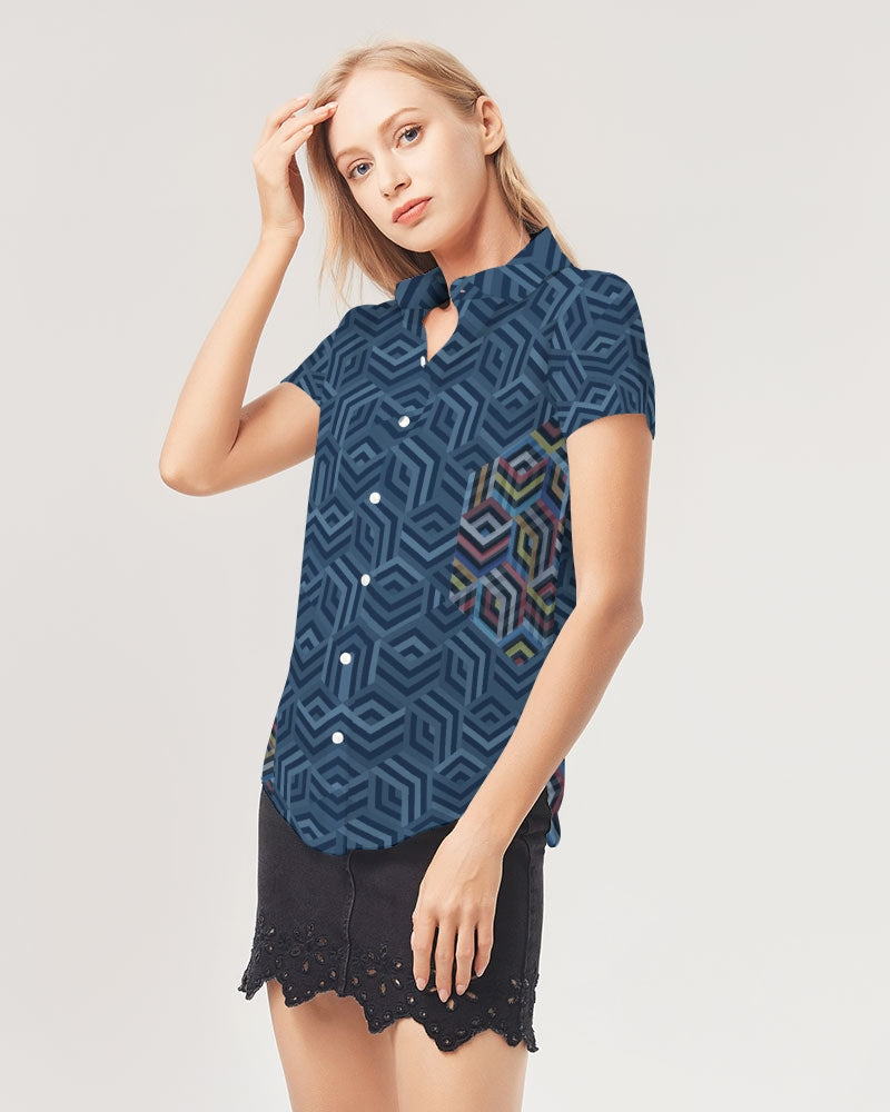 Hexagonic Women's Short Sleeve Button Up | Always Get Lucky