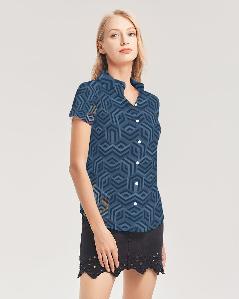 Hexagonic Women's Short Sleeve Button Up | Always Get Lucky