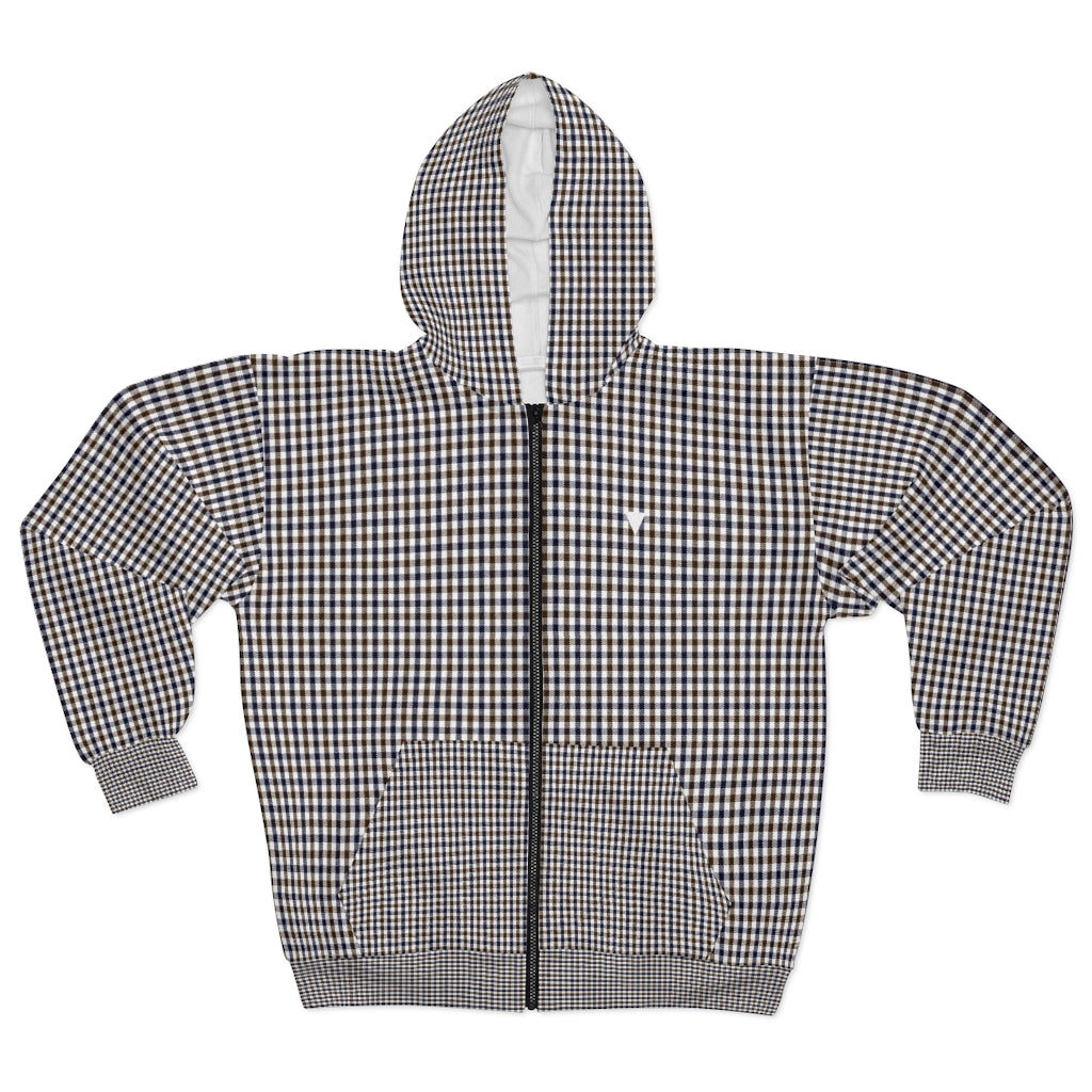 Borneo Check Navy-Brown Unisex Zipped Hoodie from Vluxe by Lucky Nahum