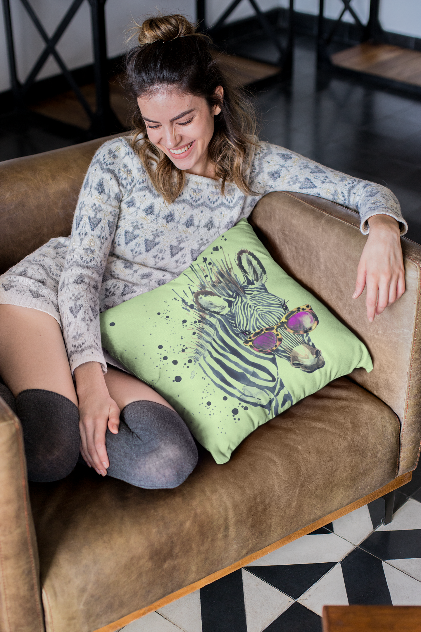 Elton Zebra Lime Faux Suede Square Pillow from Vluxe by Lucky Nahum