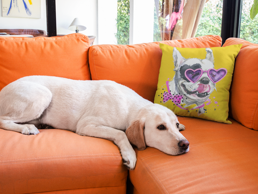 Elton Puppy Yellow Faux Suede Square Pillow from Vluxe by Lucky Nahum