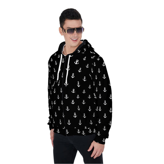 Anchors White on Black All-Over Print Zip Up Hoodie With Pocket
