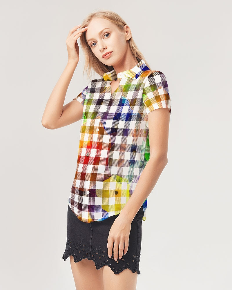 Fantasy Check Women's Short Sleeve Button Up | Always Get Lucky