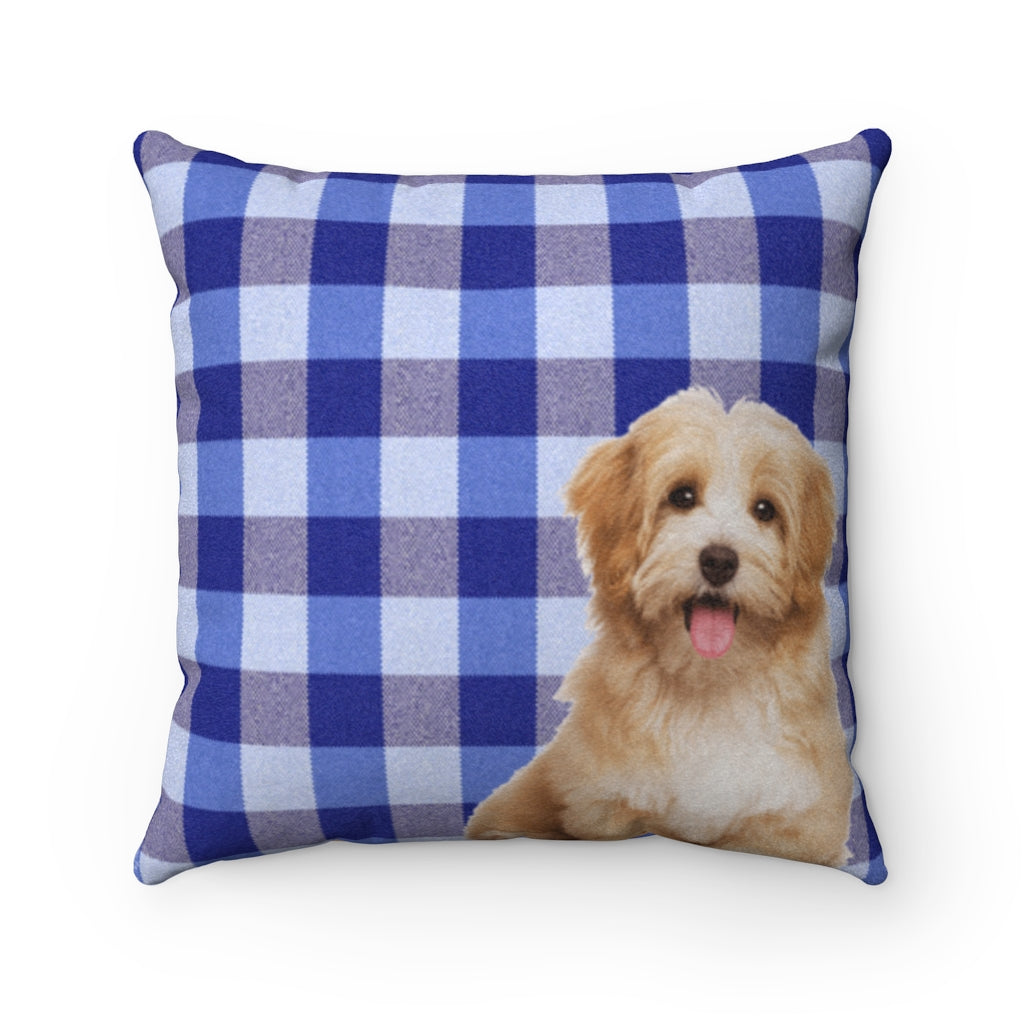 Checks & Puppies Blue Faux Suede Square Pillow