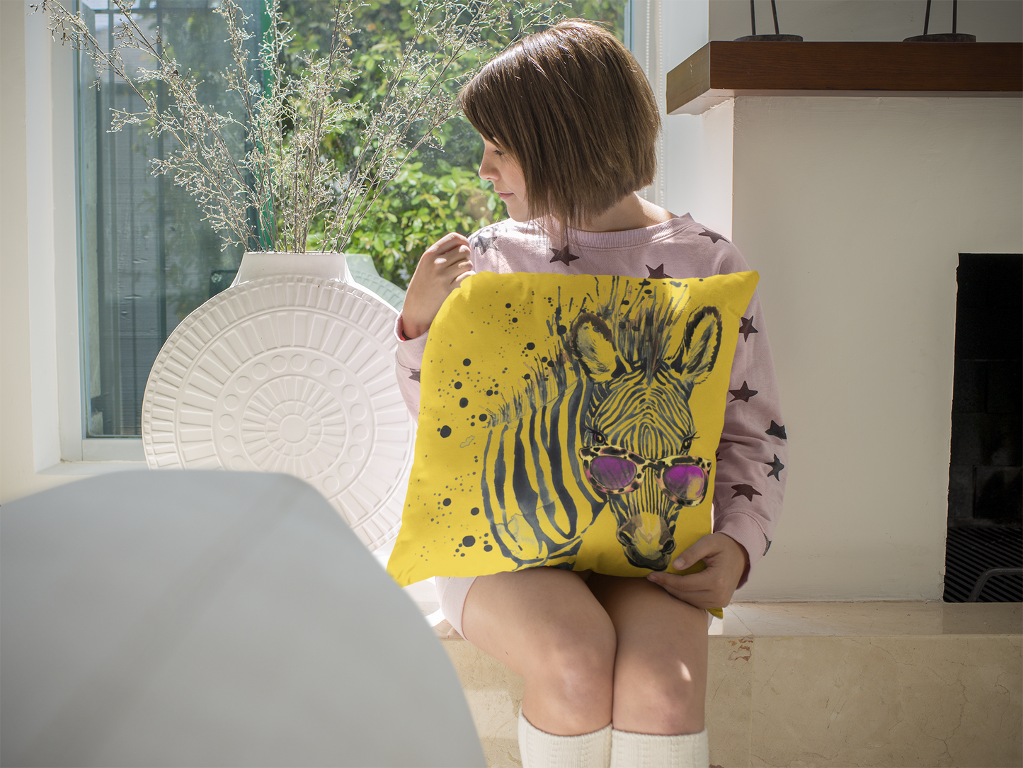 Elton Zebra Yellow Faux Suede Square Pillow from Vluxe by Lucky Nahum