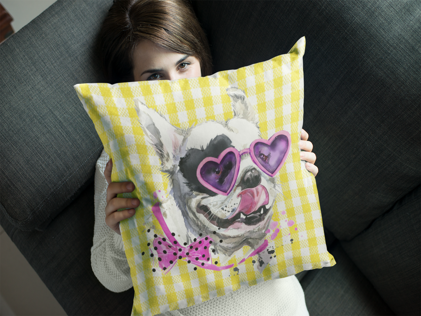 Elton Puppy Yellow Chck Faux Suede Square Pillow from Vluxe by Lucky Nahum